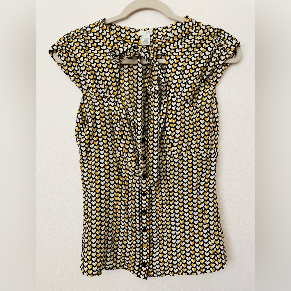 Anthropologie Odille Heart Black and Yellow Short-sleeve Blouse with Tie size 8